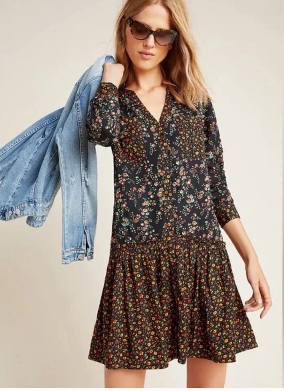 Maeve Anthropologie Marlie Button Front Chambray Floral Tunic Dress sz. 2
